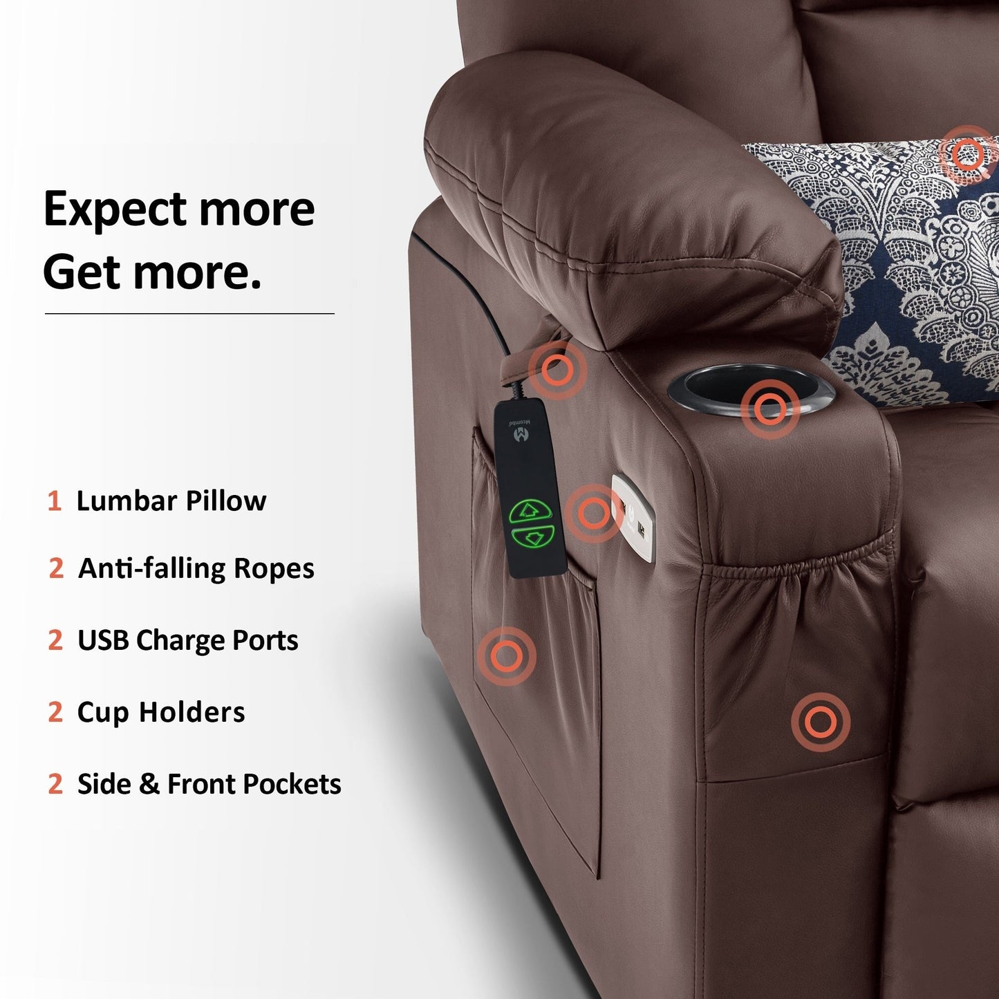 MCombo Electric Power Lift Recliner Chair with Extended Footrest, Cup Holders, Faux Leather 7507