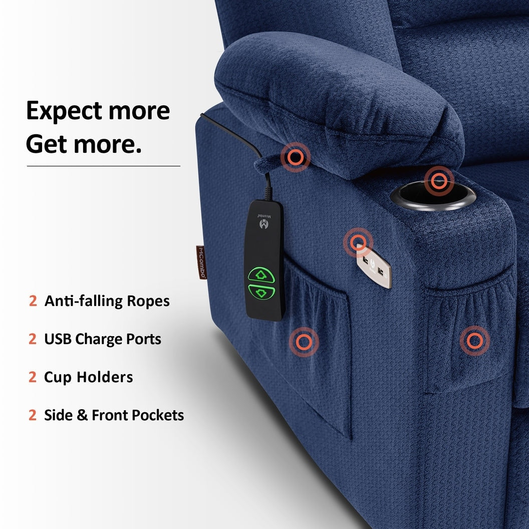 MCombo Power Lift Recliner Chair with Massage and Heat for Elderly, Extended Footrest, USB Ports, Fabric (Medium)