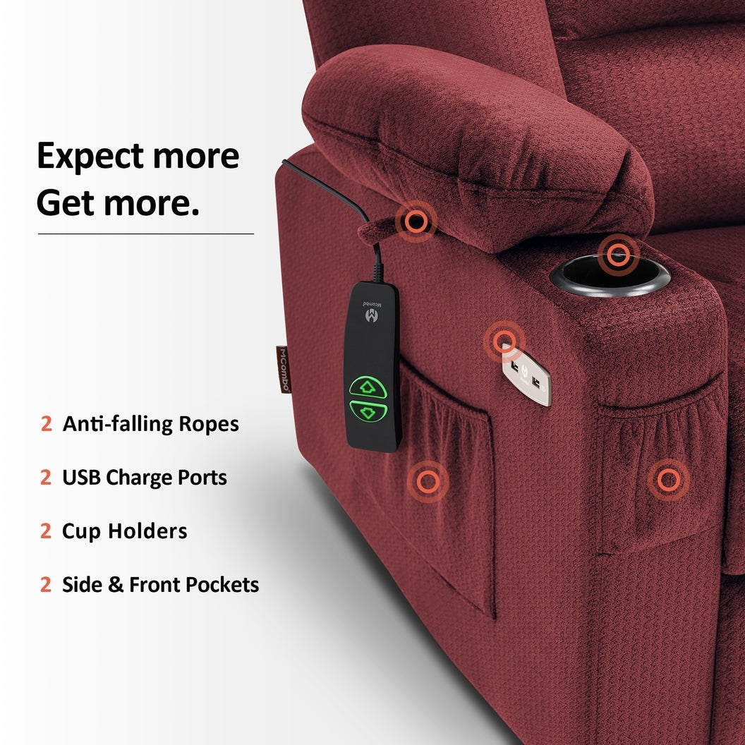 MCombo Power Lift Recliner Chair with Massage and Heat for Elderly, Extended Footrest, USB Ports, Fabric (Medium)