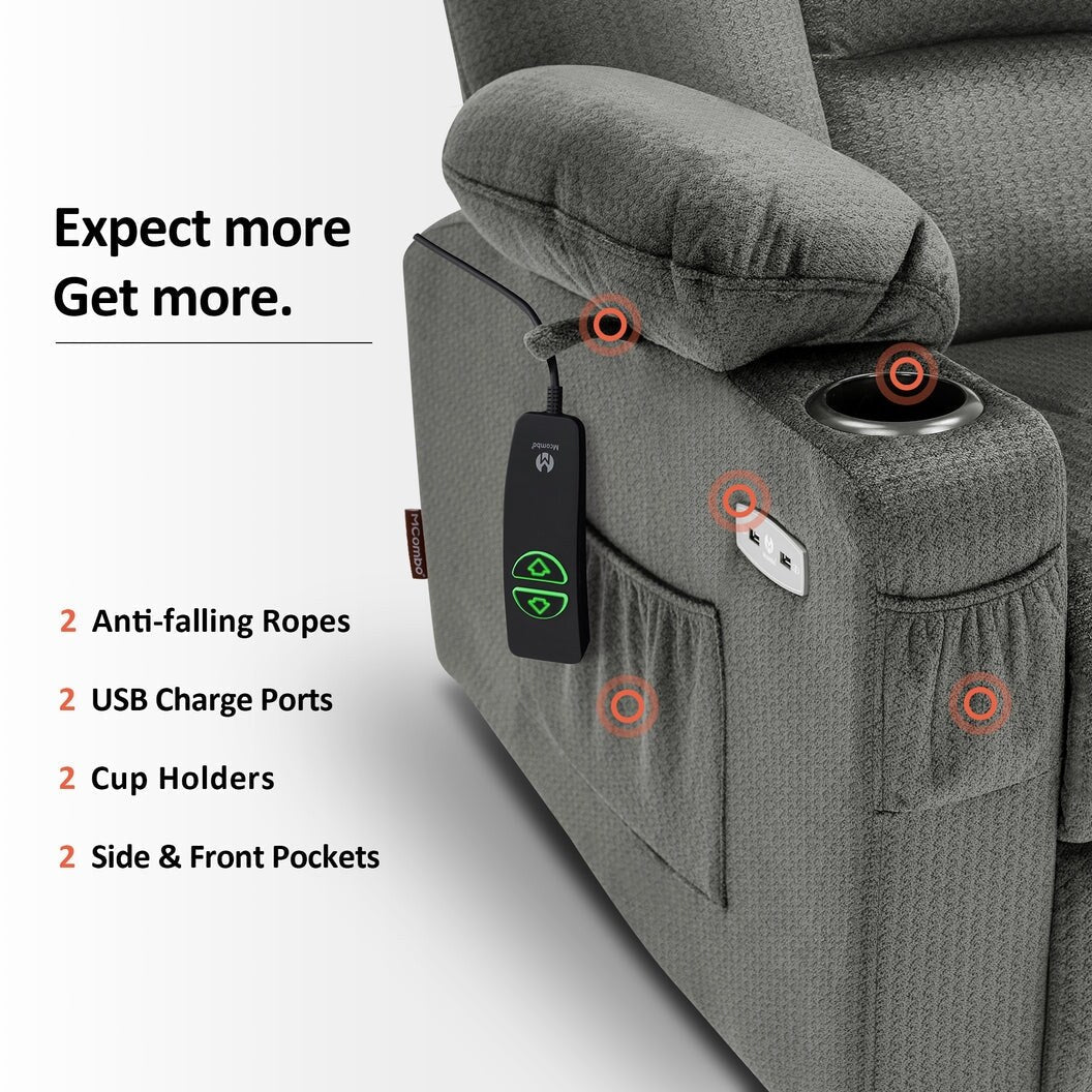 MCombo Power Lift Recliner Chair with Massage and Heat for Elderly, Extended Footrest, USB Ports, Fabric (Medium)