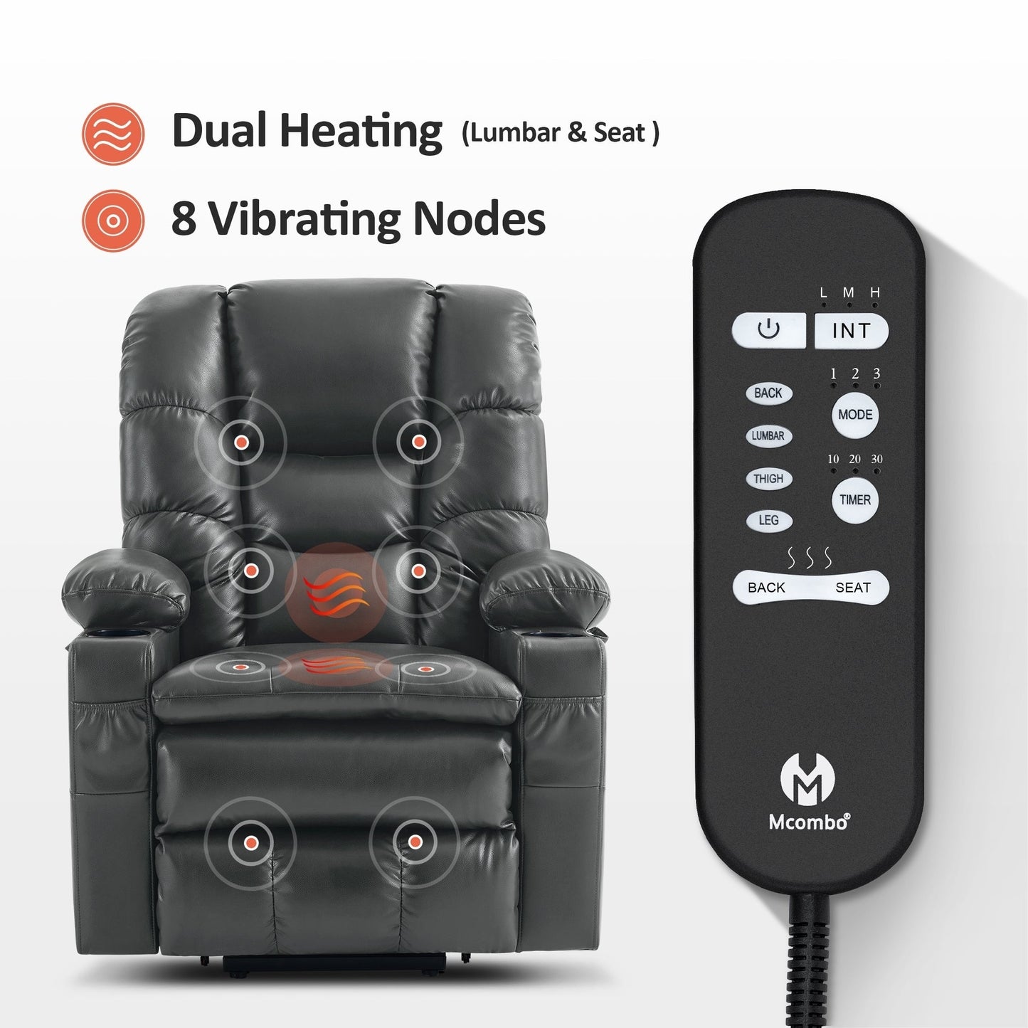 MCombo Large Dual Motor Power Lift Recliner Chair with Massage and Dual Heating for Elderly People, Faux Leather 7634