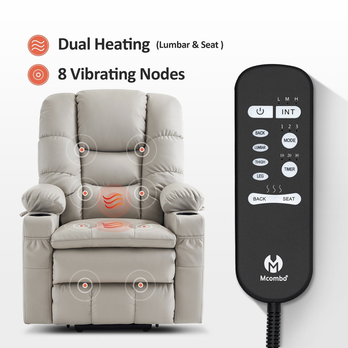 MCombo Large Dual Motor Power Lift Recliner Chair with Massage and Dual Heating for Elderly People, Faux Leather 7634