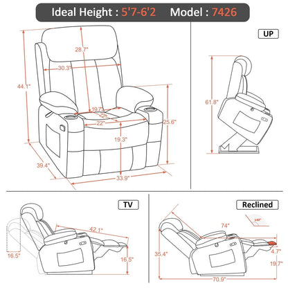 MCombo Large Power Lift Recliner with Extended Footrest for Big and Tall Elderly People, Hand Remote, Cup Holders, Fabric 7426