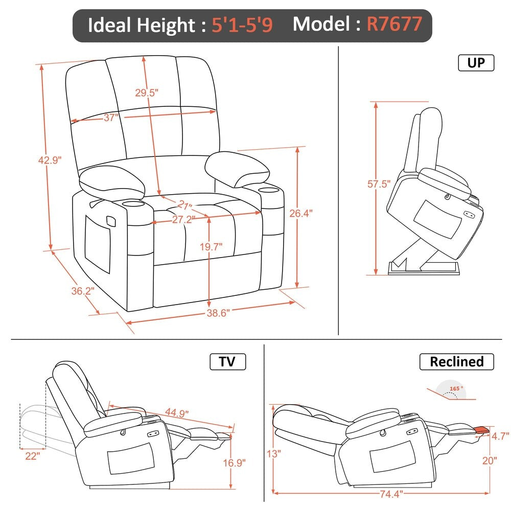 MCombo Lay Flat Dual Motor Power Lift Recliner with Massage and Heat for Elderly People, Infinite Position, Fabric R7677