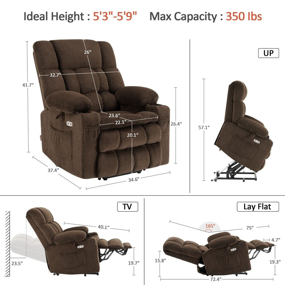 MCombo Medium Dual Motor Power Lift Recliner Chair Infinite Position, Massage and Heat, Extended Footrest, Fabric 7890