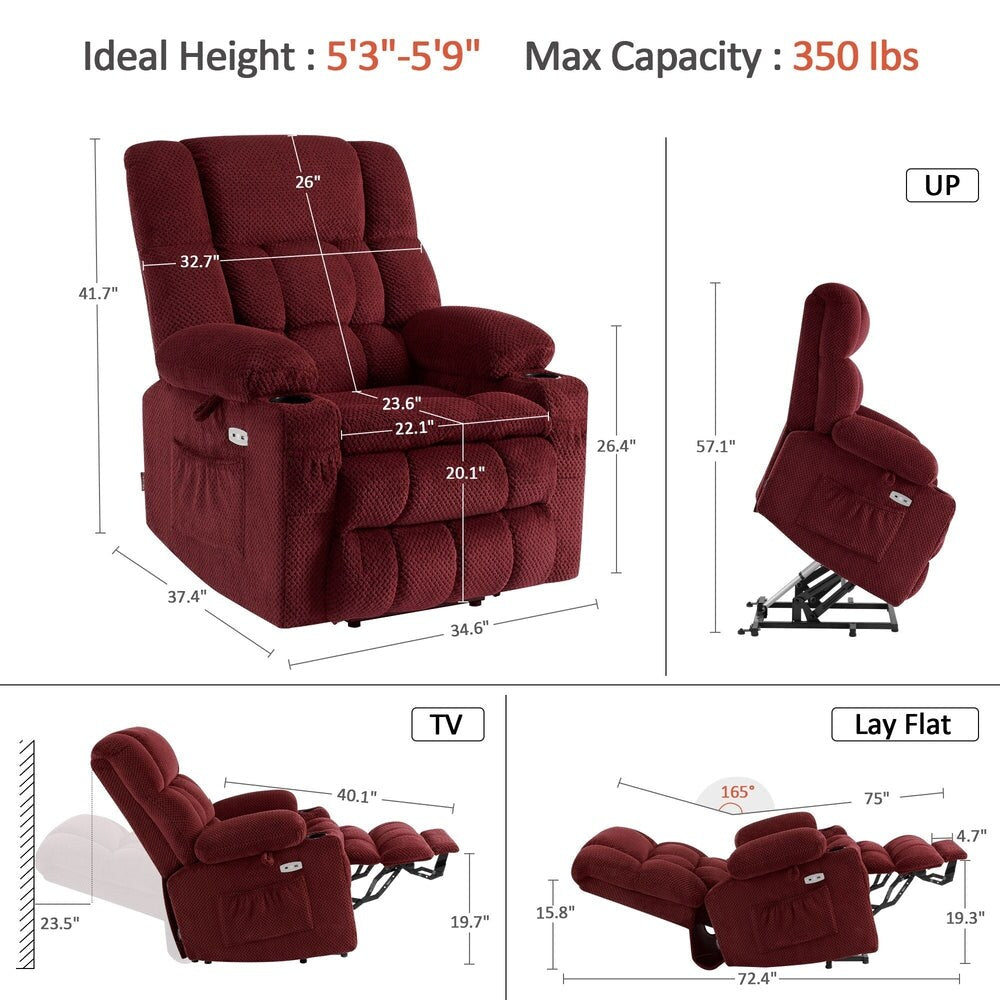 MCombo Medium Dual Motor Power Lift Recliner Chair Infinite Position, Massage and Heat, Extended Footrest, Fabric 7890