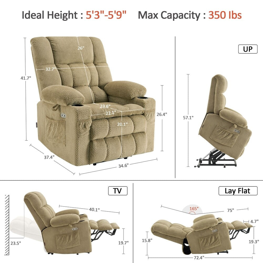 MCombo Medium Dual Motor Power Lift Recliner Chair Infinite Position, Massage and Heat, Extended Footrest, Fabric 7890