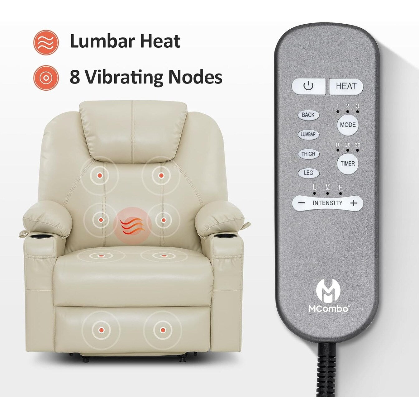 MCombo Medium-Wide Power Lift Recliner Chair Sofa with Massage and Heat for Elderly People, Faux Leather R7045