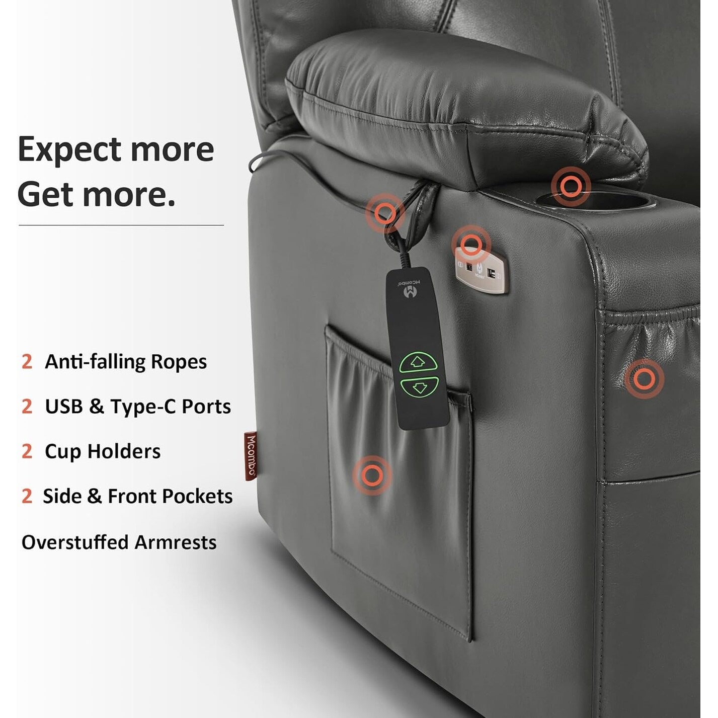 MCombo Medium-Wide Power Lift Recliner Chair Sofa with Massage and Heat for Elderly People, Faux Leather R7045