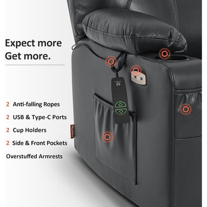 MCombo Medium-Wide Power Lift Recliner Chair Sofa with Massage and Heat for Elderly People, Faux Leather R7045