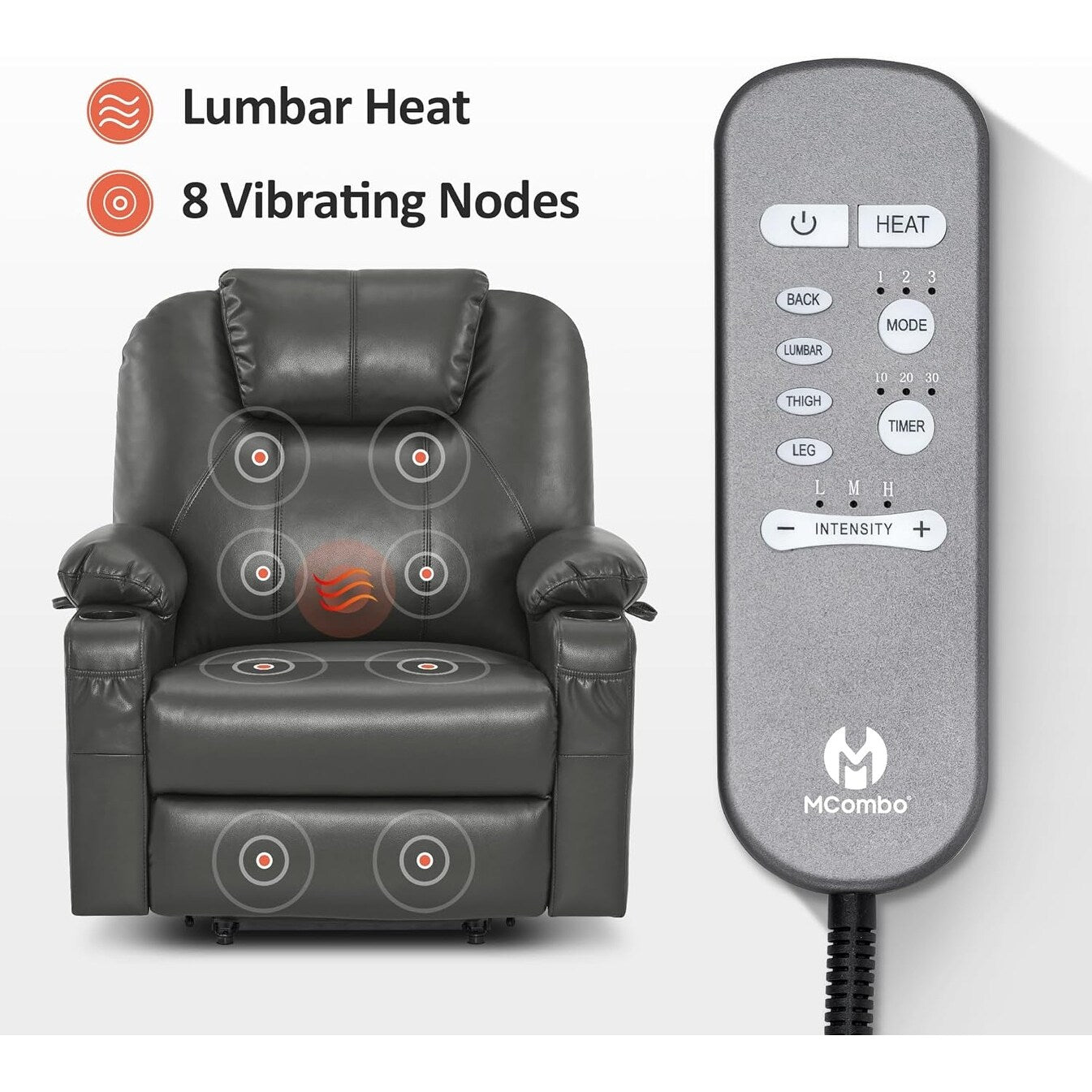 MCombo Medium-Wide Power Lift Recliner Chair Sofa with Massage and Heat for Elderly People, Faux Leather R7045