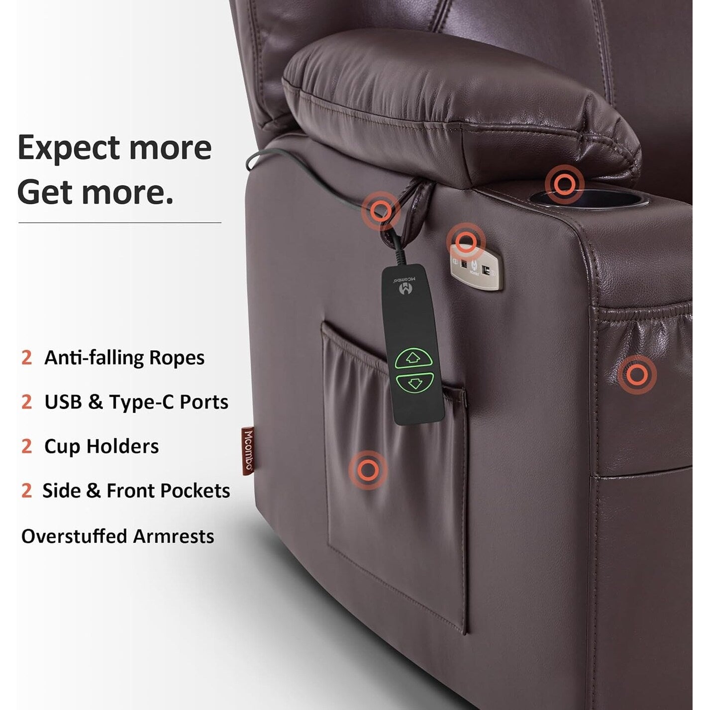 MCombo Medium-Wide Power Lift Recliner Chair Sofa with Massage and Heat for Elderly People, Faux Leather R7045