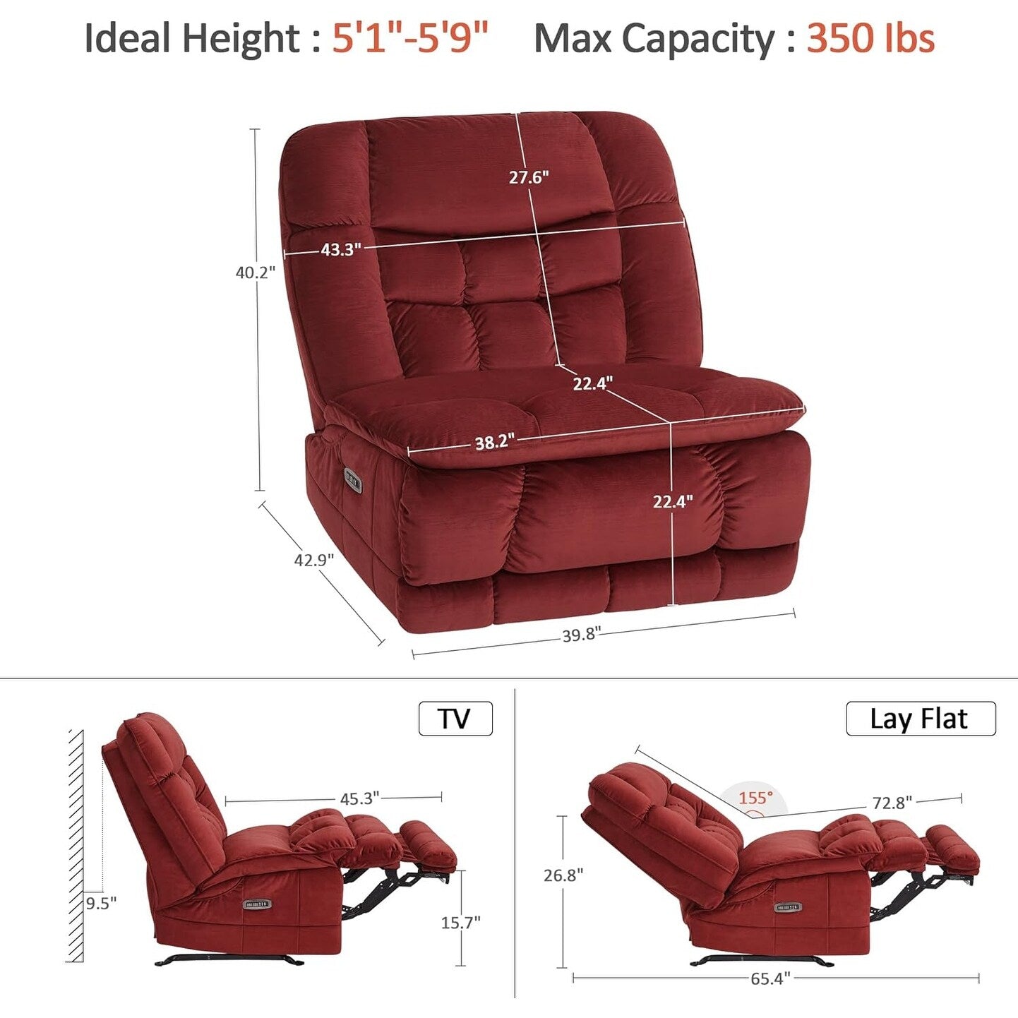 MCombo Oversized Dual Motor Armless Power Rocker Recliner Chair, Zeroarms Recliner Perfect for Living Room Fabric PR607