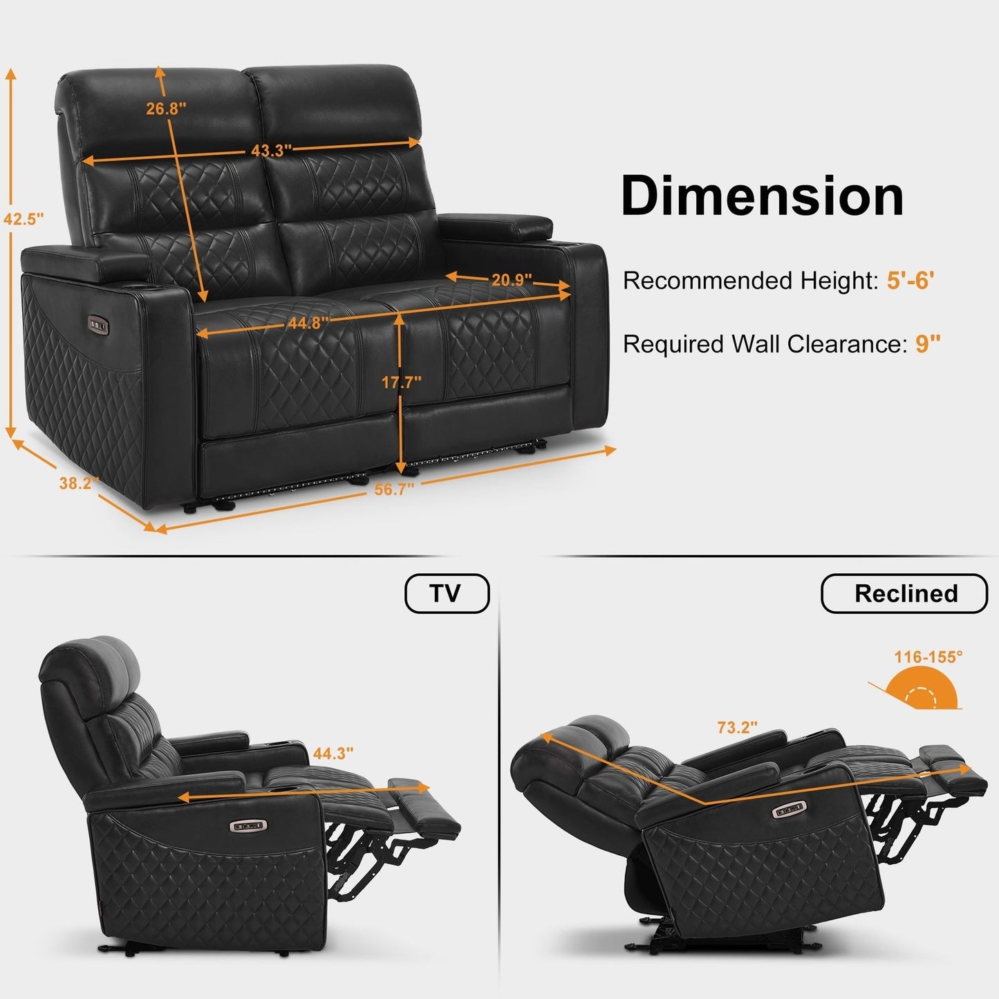 MCombo Power Reclining Loveseat Sofa with Adjustable Headrests, Home Theater Seating with Armrest Storage, Faux Leather HTS470