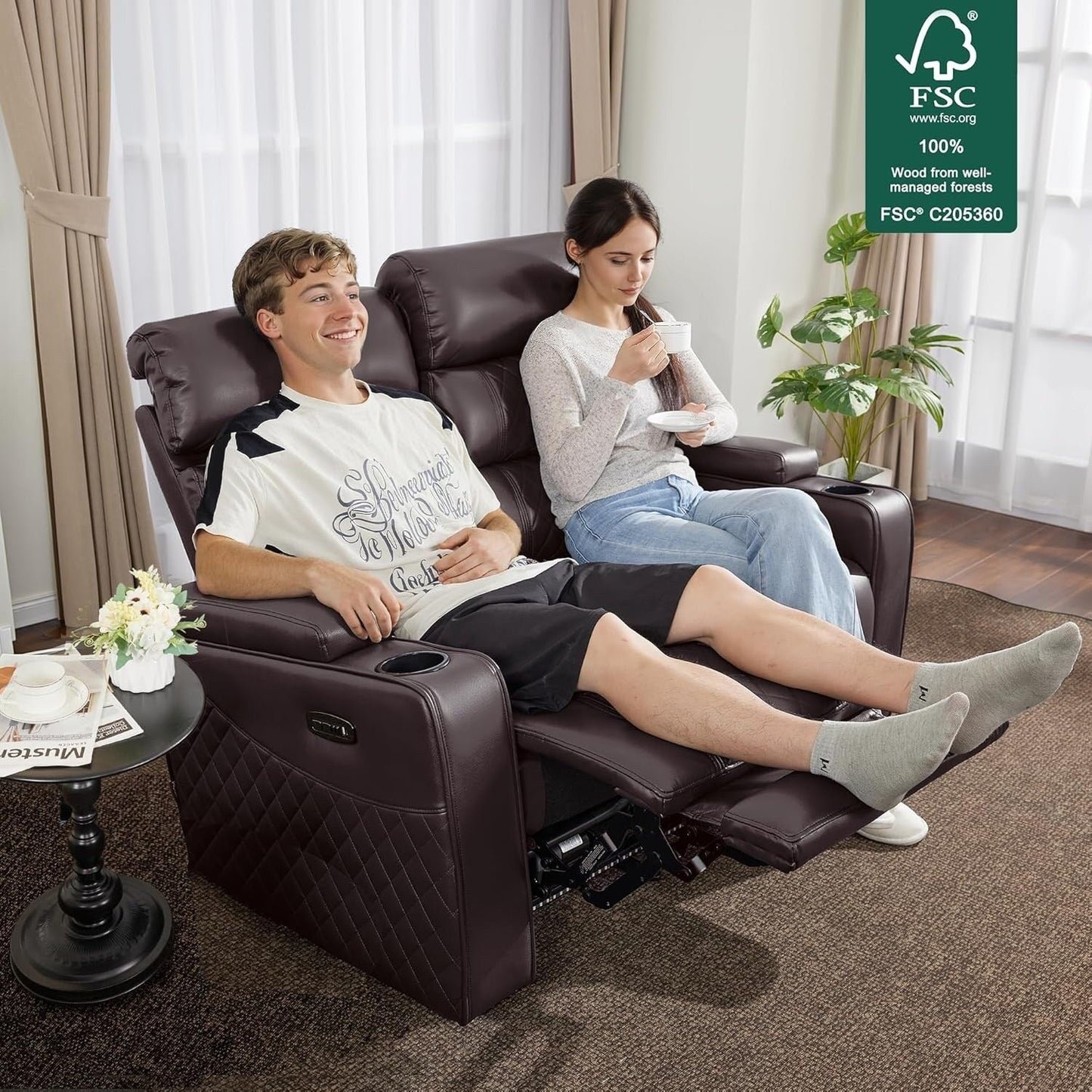 MCombo Power Reclining Loveseat Sofa with Adjustable Headrests, Home Theater Seating with Armrest Storage, Faux Leather HTS470
