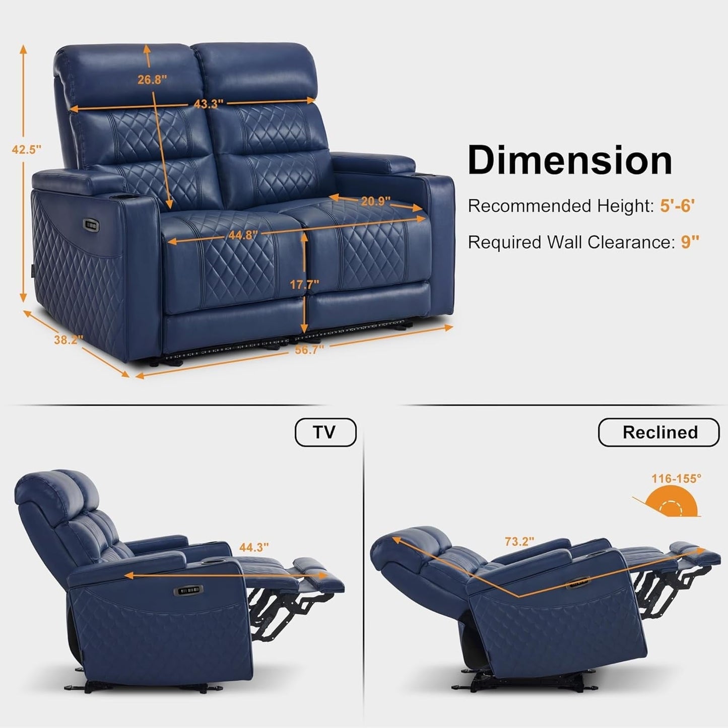 MCombo Power Reclining Loveseat Sofa with Adjustable Headrests, Home Theater Seating with Armrest Storage, Faux Leather HTS470