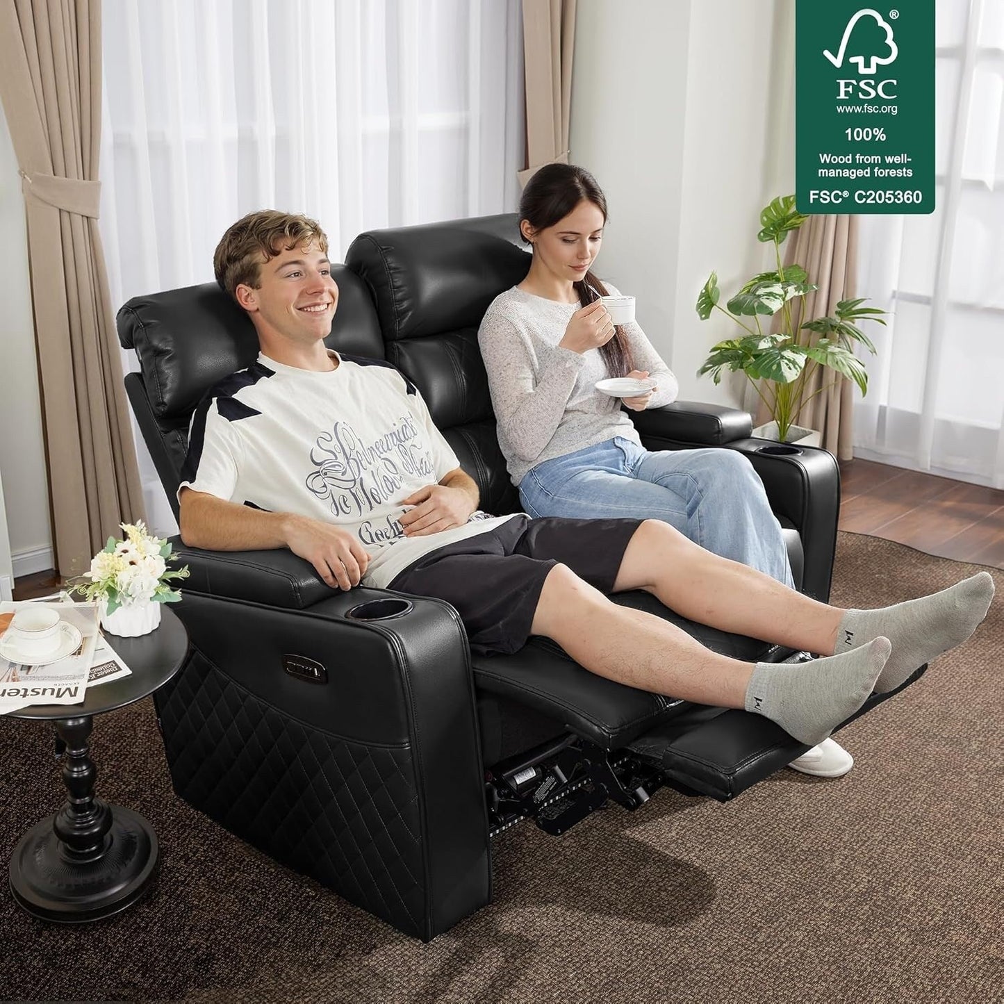 MCombo Power Reclining Loveseat Sofa with Adjustable Headrests, Home Theater Seating with Armrest Storage, Faux Leather HTS470