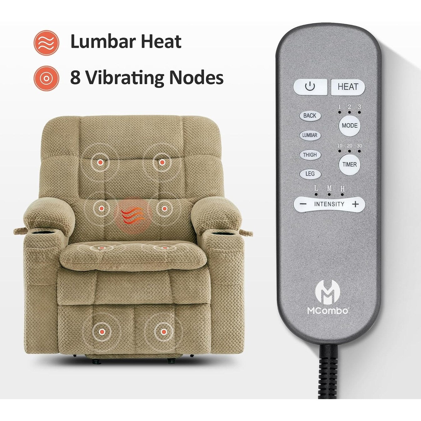 MCombo Dual Motor Power Lift Recliner Chair with Massage and Heat, Infinite Position, Fabric R7894 (Small-Wide)