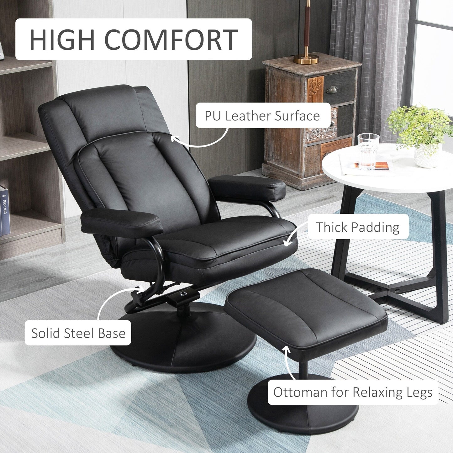 Manual PU Leather Recliner with Swivel Base and Ottoman, Adjustable Backrest & Padded Comfort for Home or Office