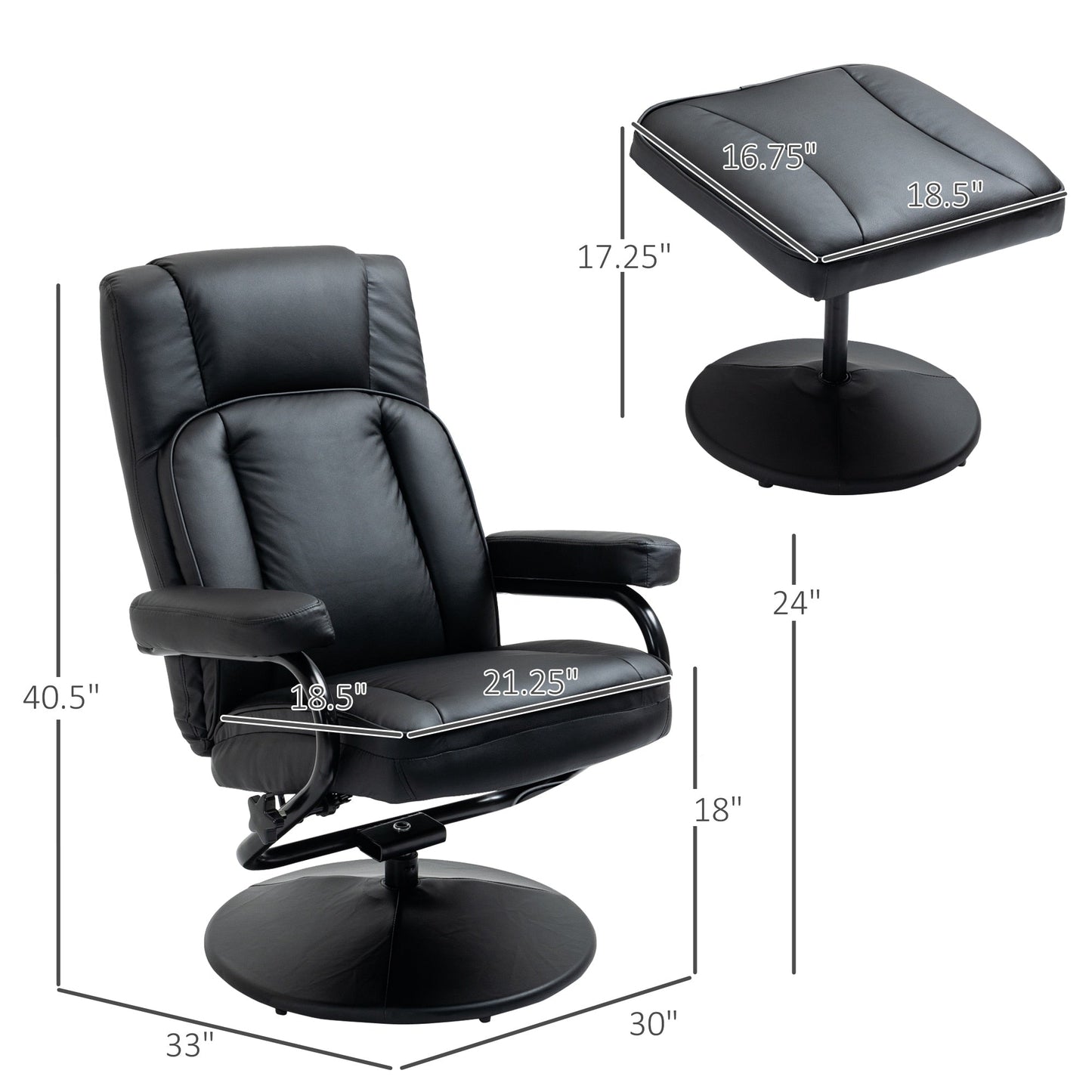 Manual PU Leather Recliner with Swivel Base and Ottoman, Adjustable Backrest & Padded Comfort for Home or Office
