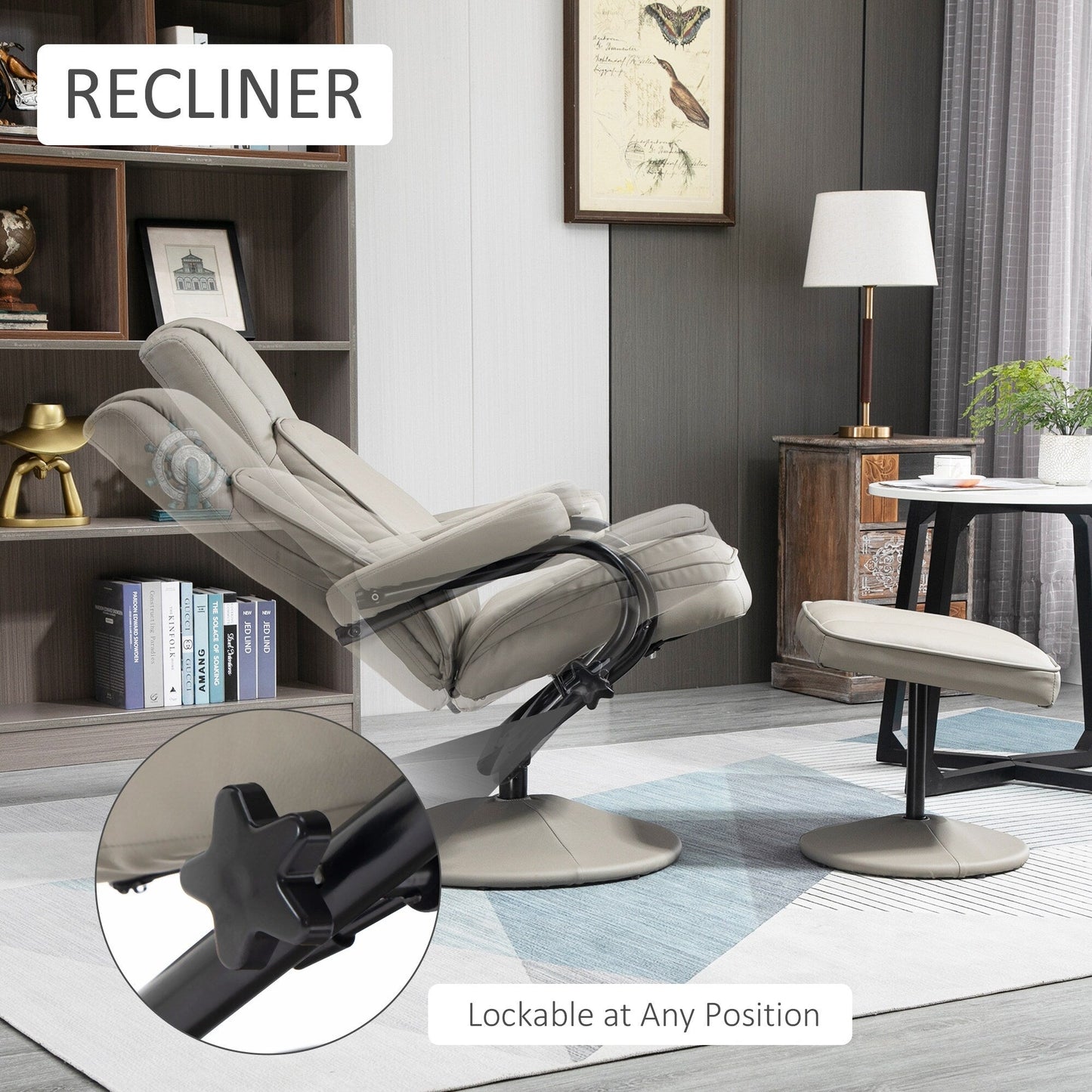 Manual PU Leather Swivel Recliner Chair Adjustable Accent Chair TV Chair Reading Recliner with Ottoman