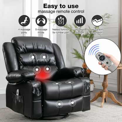Manual PU Massage Recliner Chair with Swivel, Heat & Storage Pockets