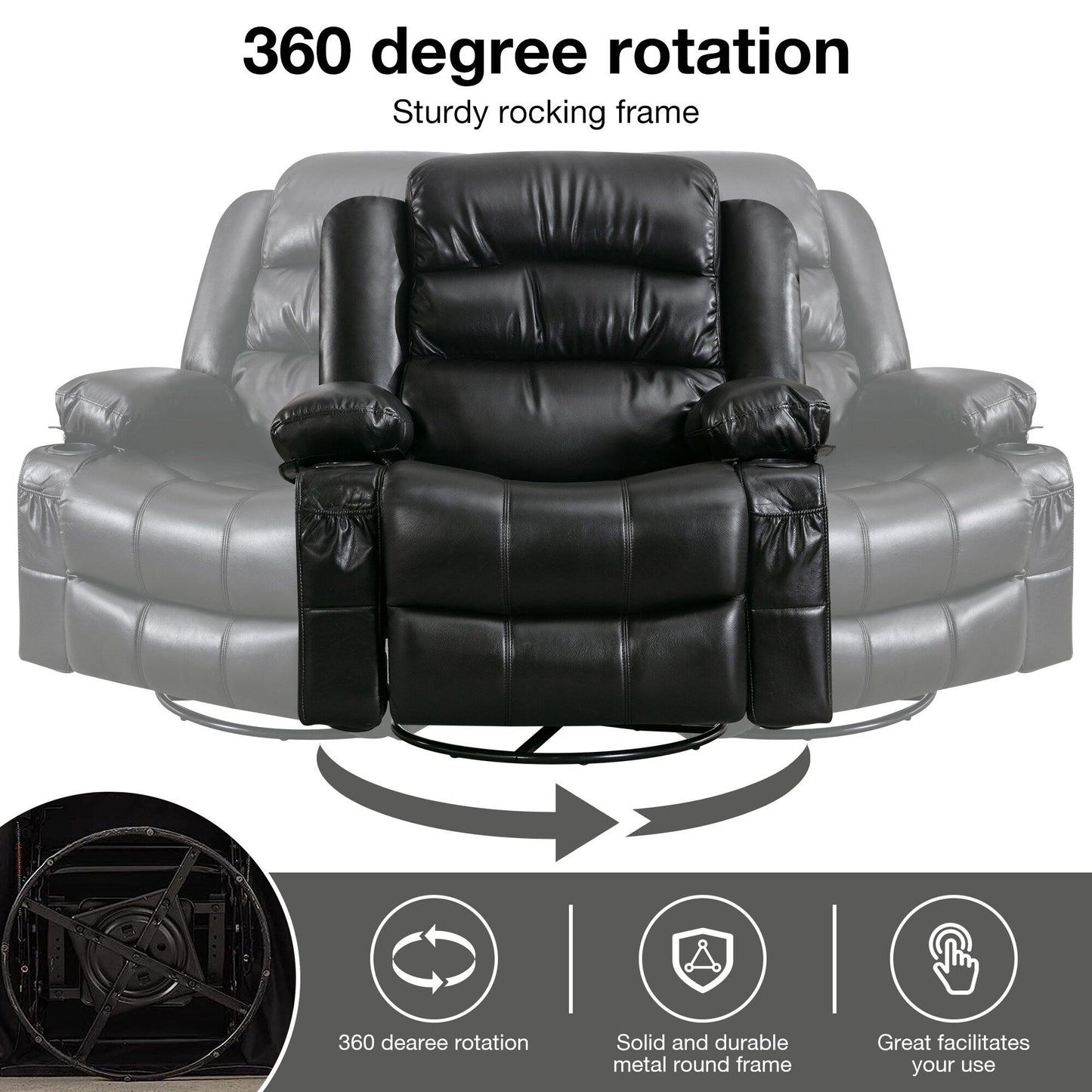 Manual PU Massage Recliner Chair with Swivel, Heat & Storage Pockets