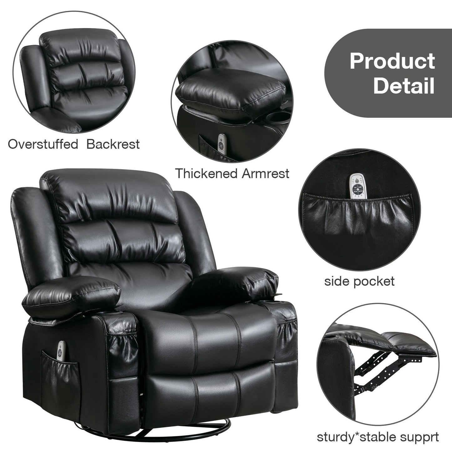 Manual PU Massage Recliner Chair with Swivel, Heat & Storage Pockets