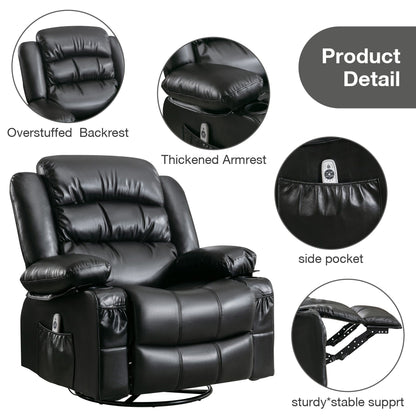 Manual PU Massage Recliner Chair with Swivel, Heat & Storage Pockets