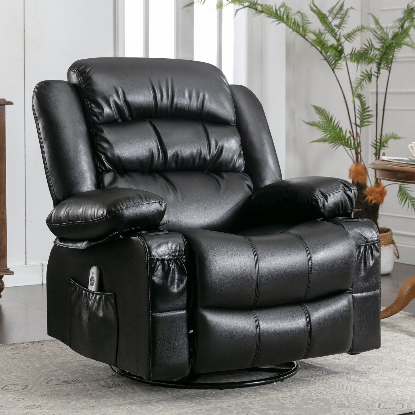 Manual PU Massage Recliner Chair with Swivel, Heat & Storage Pockets