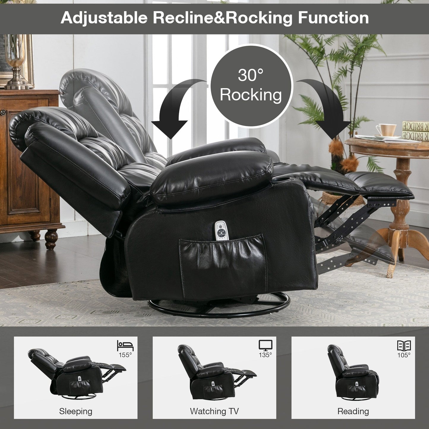 Manual PU Massage Recliner Chair with Swivel, Heat & Storage Pockets