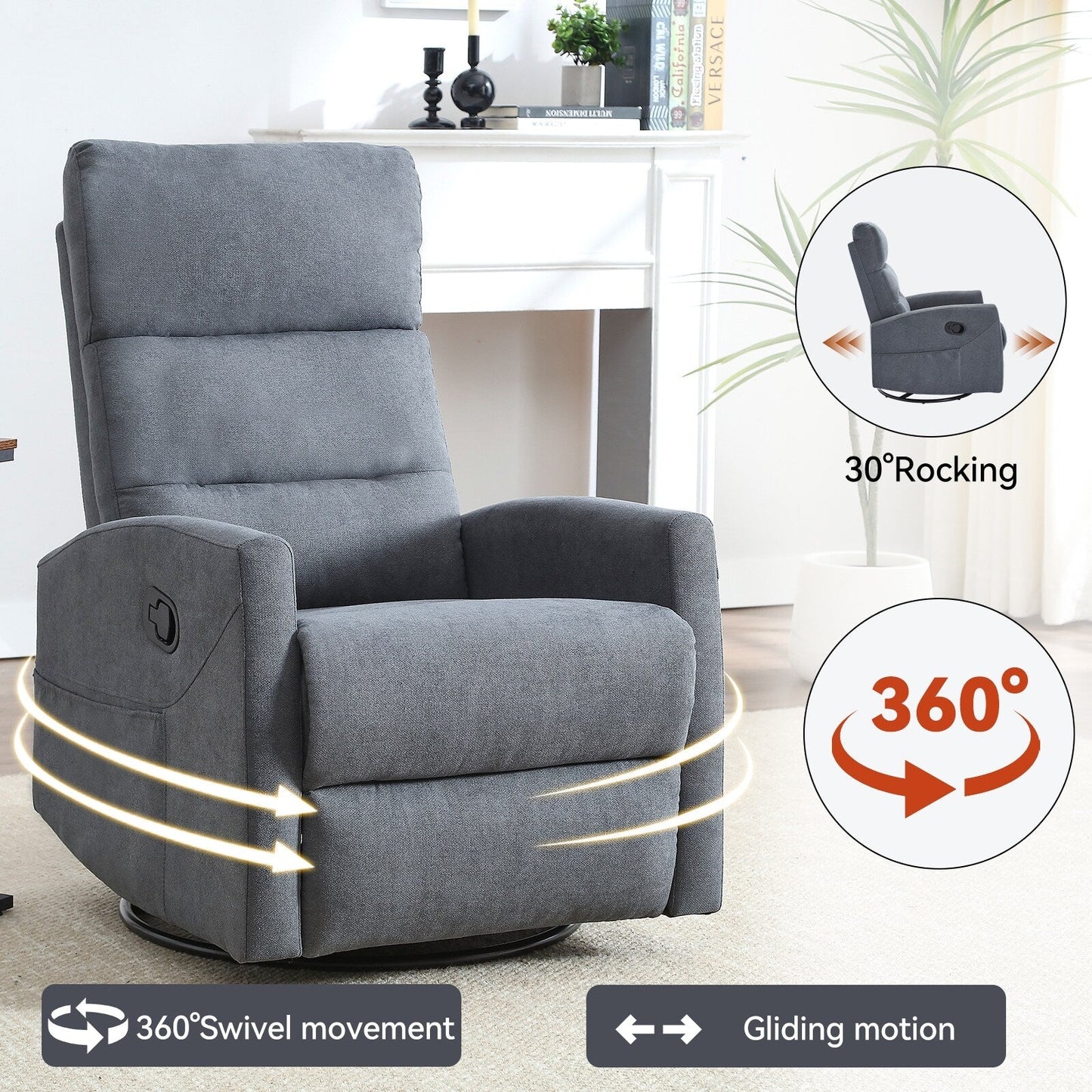 Manual Recliner Chair for Adults, 360° Swivel Rocker Fabric Recliner, Nursery Chairs, Glider Rocker Recliners w/Cushion Back