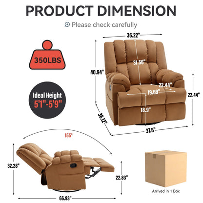 Manual Recliner Chair with Rocker and Swivel in Fabric for Living Room