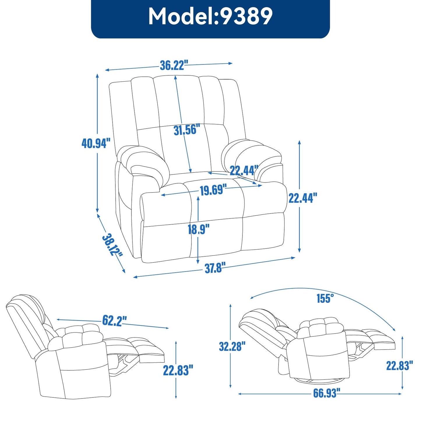Manual Recliner Chair with Rocker and Swivel in Fabric for Living Room