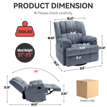 Manual Recliner Chair with Rocker and Swivel in Fabric for Living Room