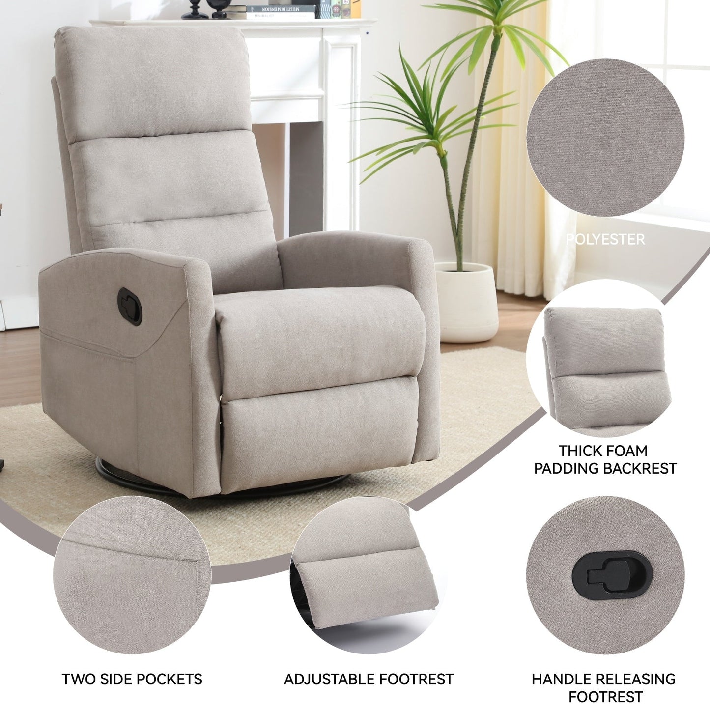 Manual Recliner Chair with Rocker and Swivel in Fabric for Living Room