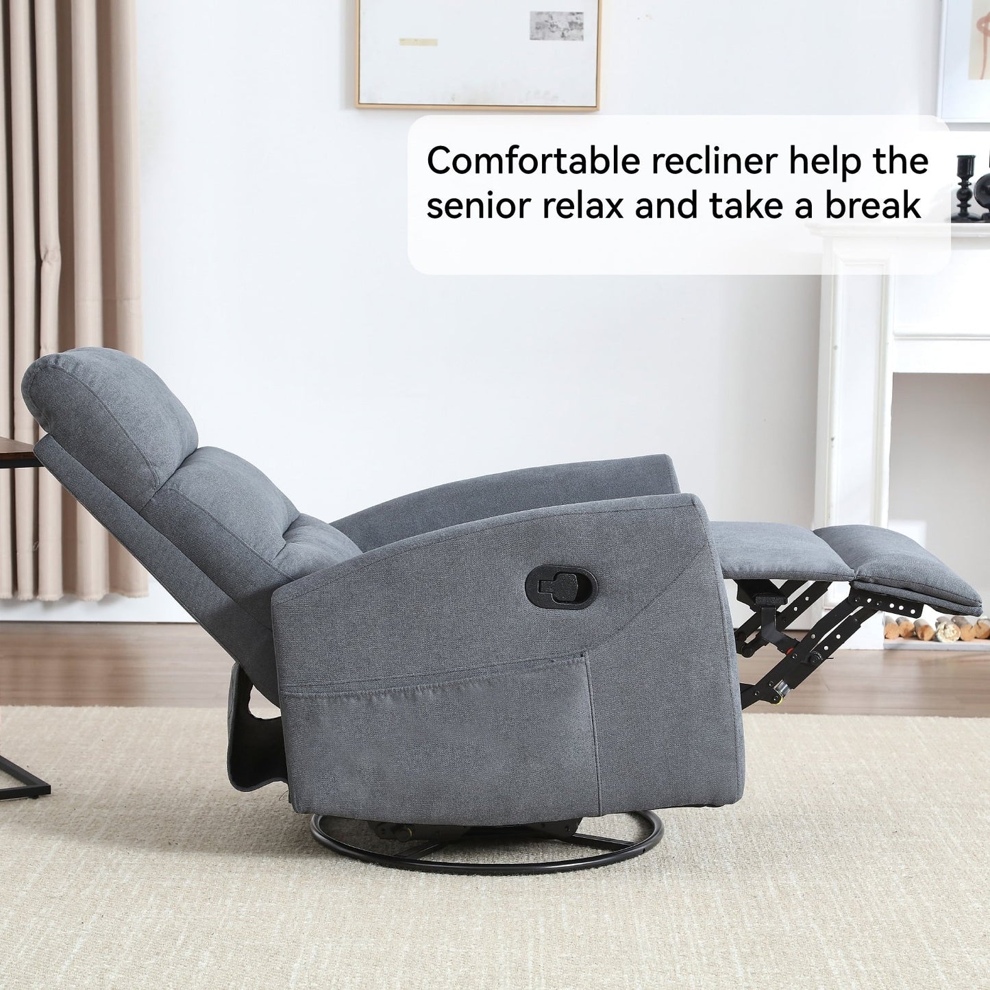 Manual Recliner Chair with Rocker and Swivel in Fabric for Living Room