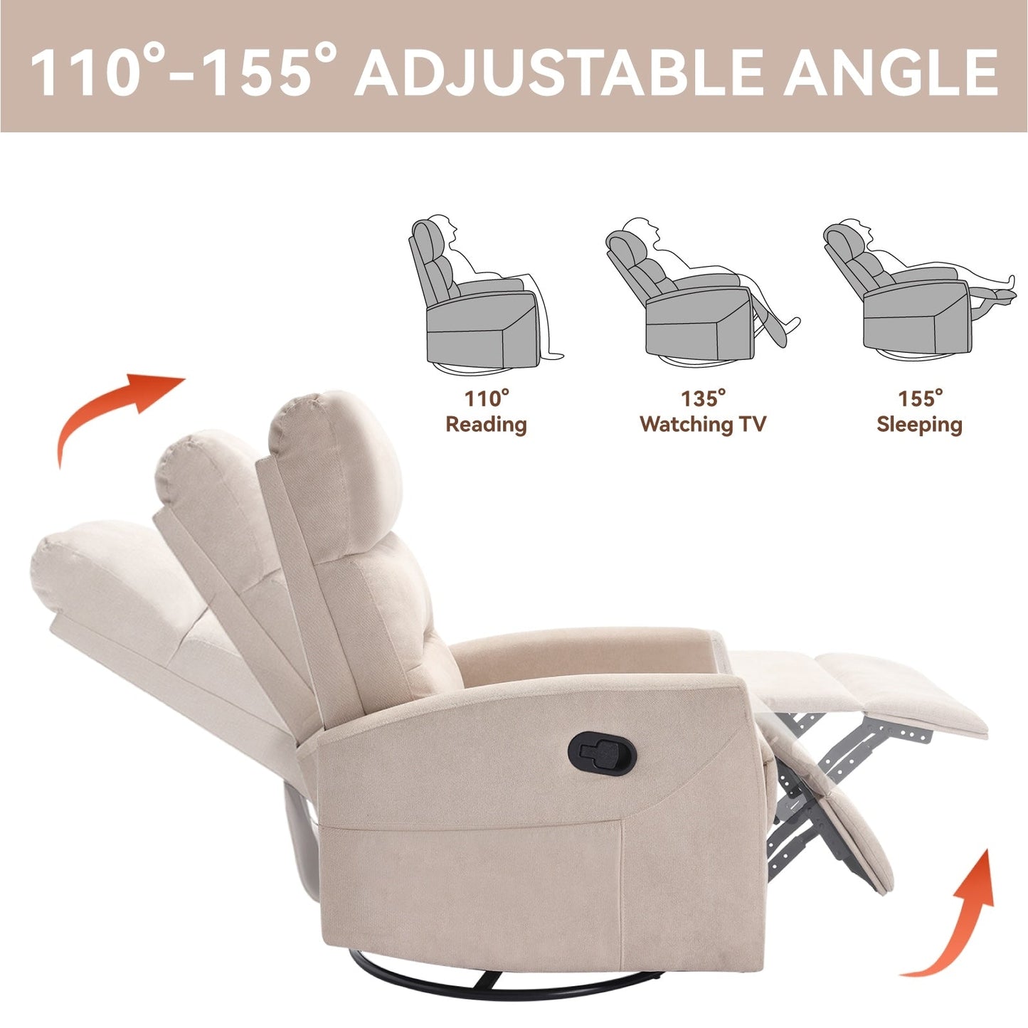 Manual Recliner Chair with Rocker and Swivel in Fabric for Living Room