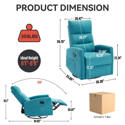 Manual Recliner Chair with Rocker and Swivel in Fabric for Living Room