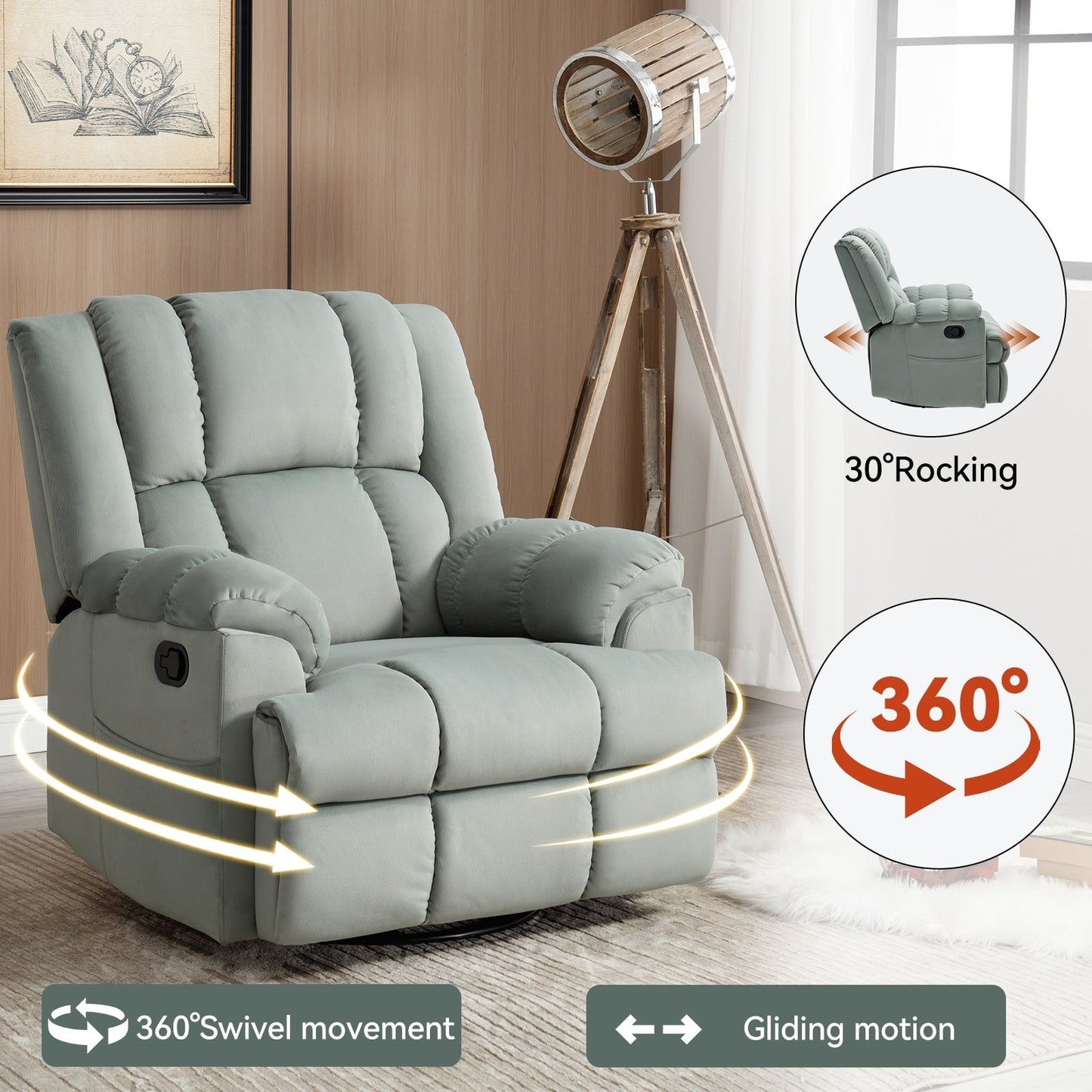 Manual Recliner Chair with Rocker and Swivel in Fabric for Living Room