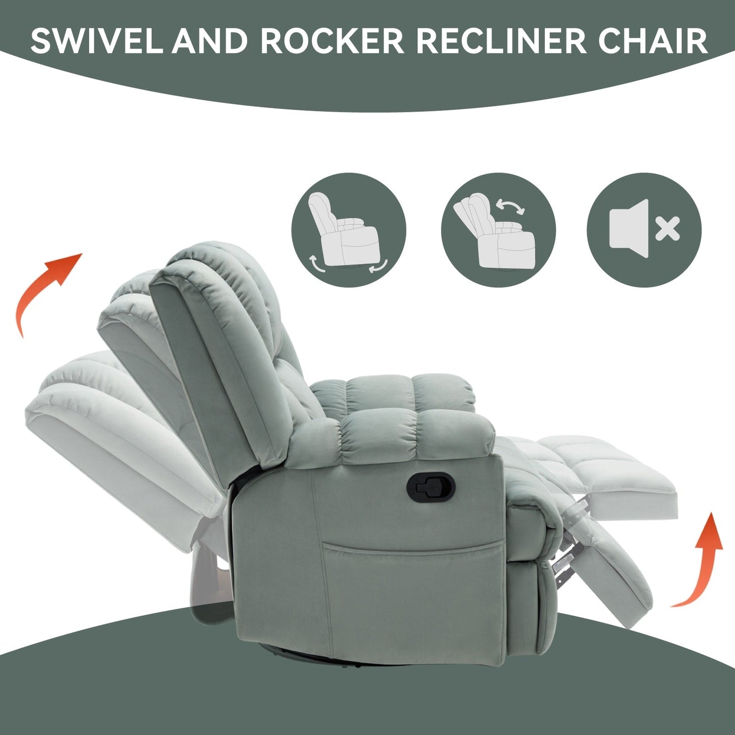 Manual Recliner Chair with Rocker and Swivel in Fabric for Living Room