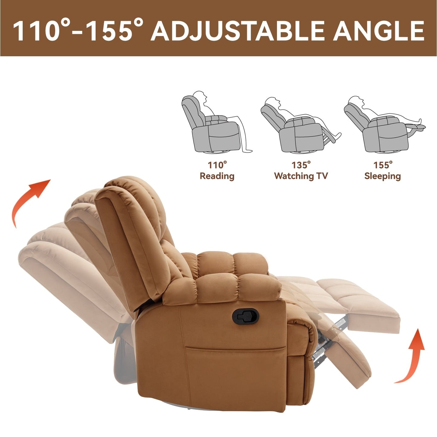 Manual Recliner Chair with Rocker and Swivel in Fabric for Living Room