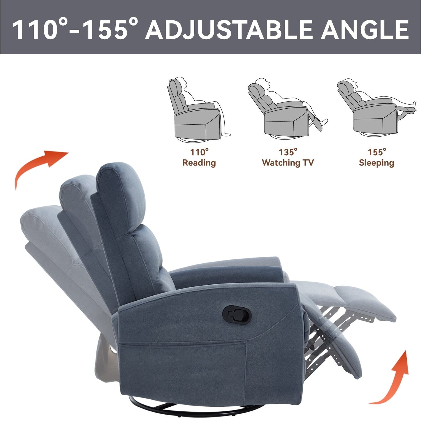 Manual Recliner Chair with Rocker and Swivel in Fabric for Living Room