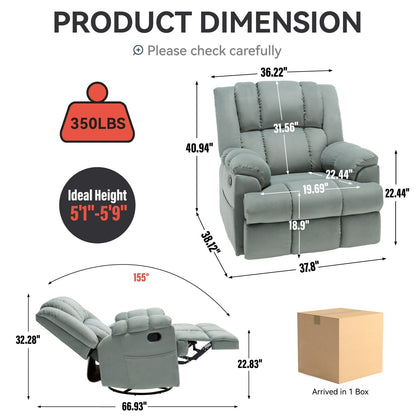 Manual Recliner Chair with Rocker and Swivel in Fabric for Living Room