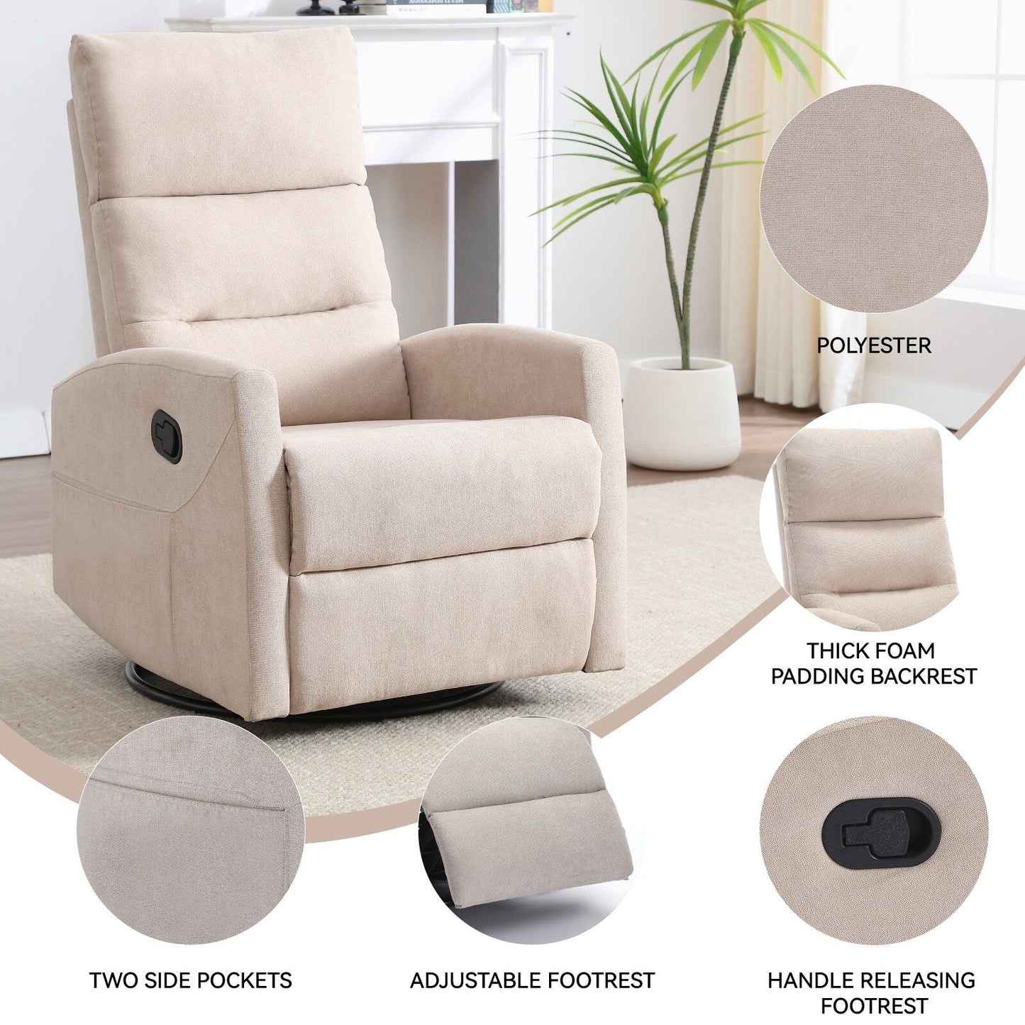 Manual Recliner Chair with Rocker and Swivel, Breathable Fabric Reclining Chair, Recliners for Small Spaces