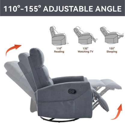 Manual Recliner Chair with Rocker and Swivel, Breathable Fabric Reclining Chair, Recliners for Small Spaces