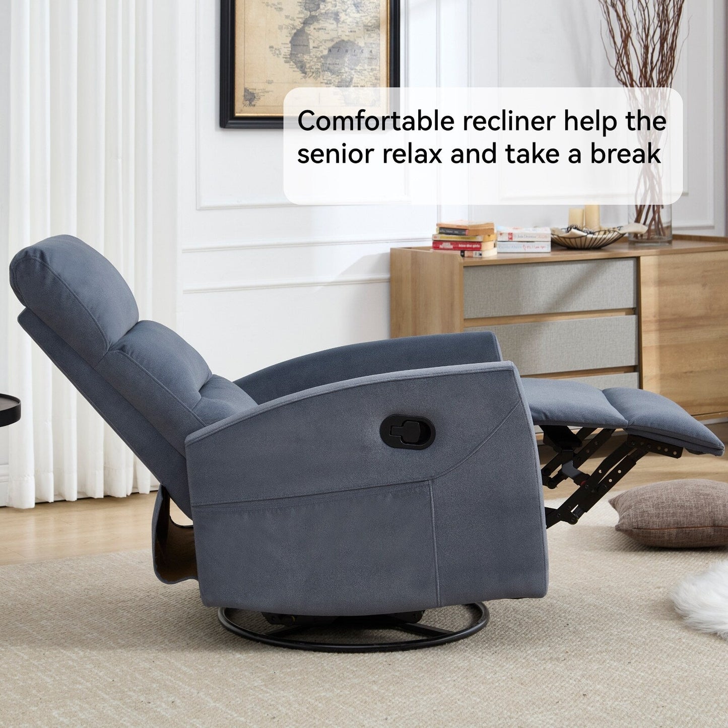 Manual Recliner Chair with Rocker and Swivel, Breathable Fabric Reclining Chair, Recliners for Small Spaces