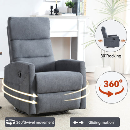Manual Recliner Chair with Rocker and Swivel, Breathable Fabric Reclining Chair, Recliners for Small Spaces