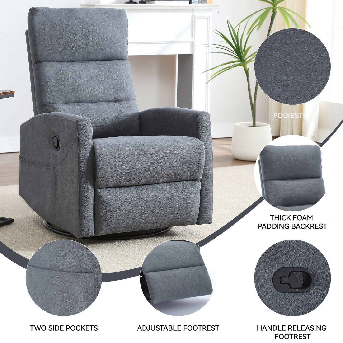 Manual Recliner Chair with Rocker and Swivel, Breathable Fabric Reclining Chair, Recliners for Small Spaces