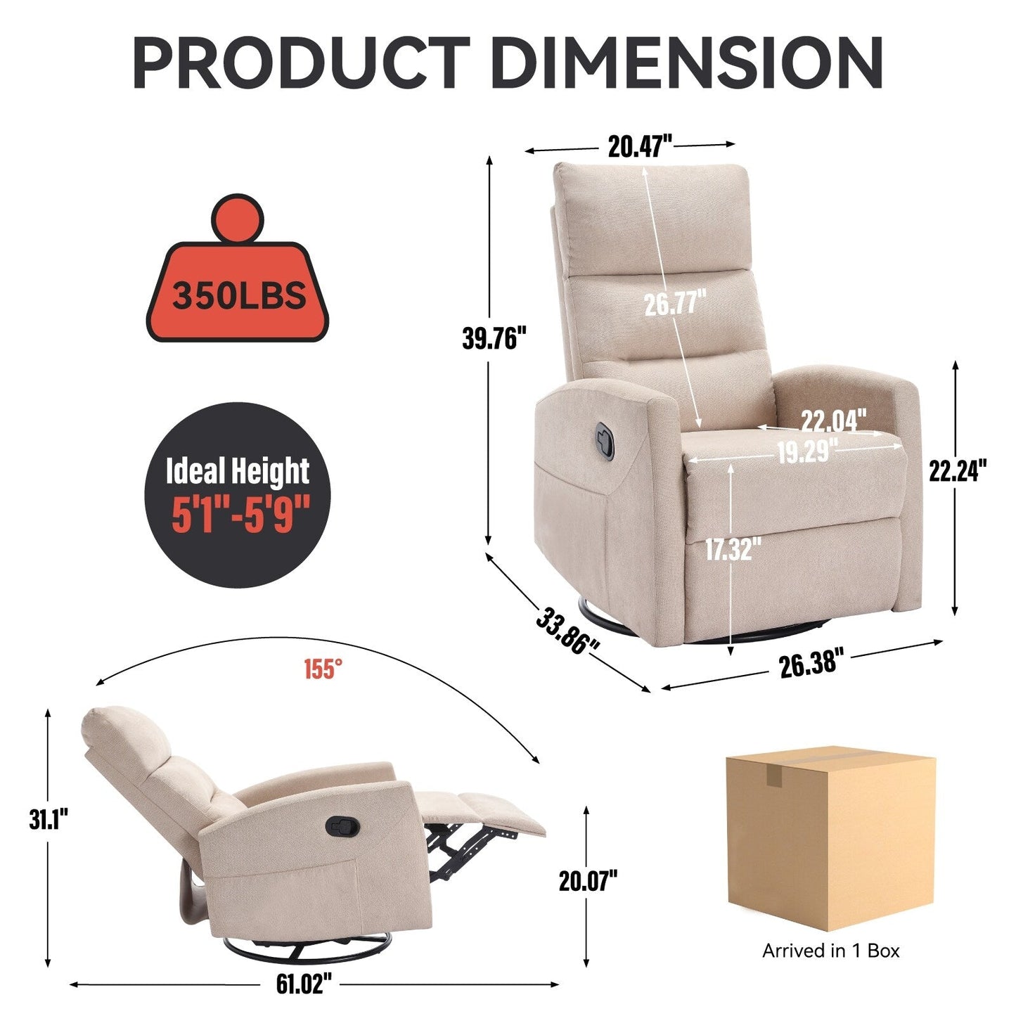 Manual Recliner Chair with Rocker and Swivel, Breathable Fabric Reclining Chair, Recliners for Small Spaces